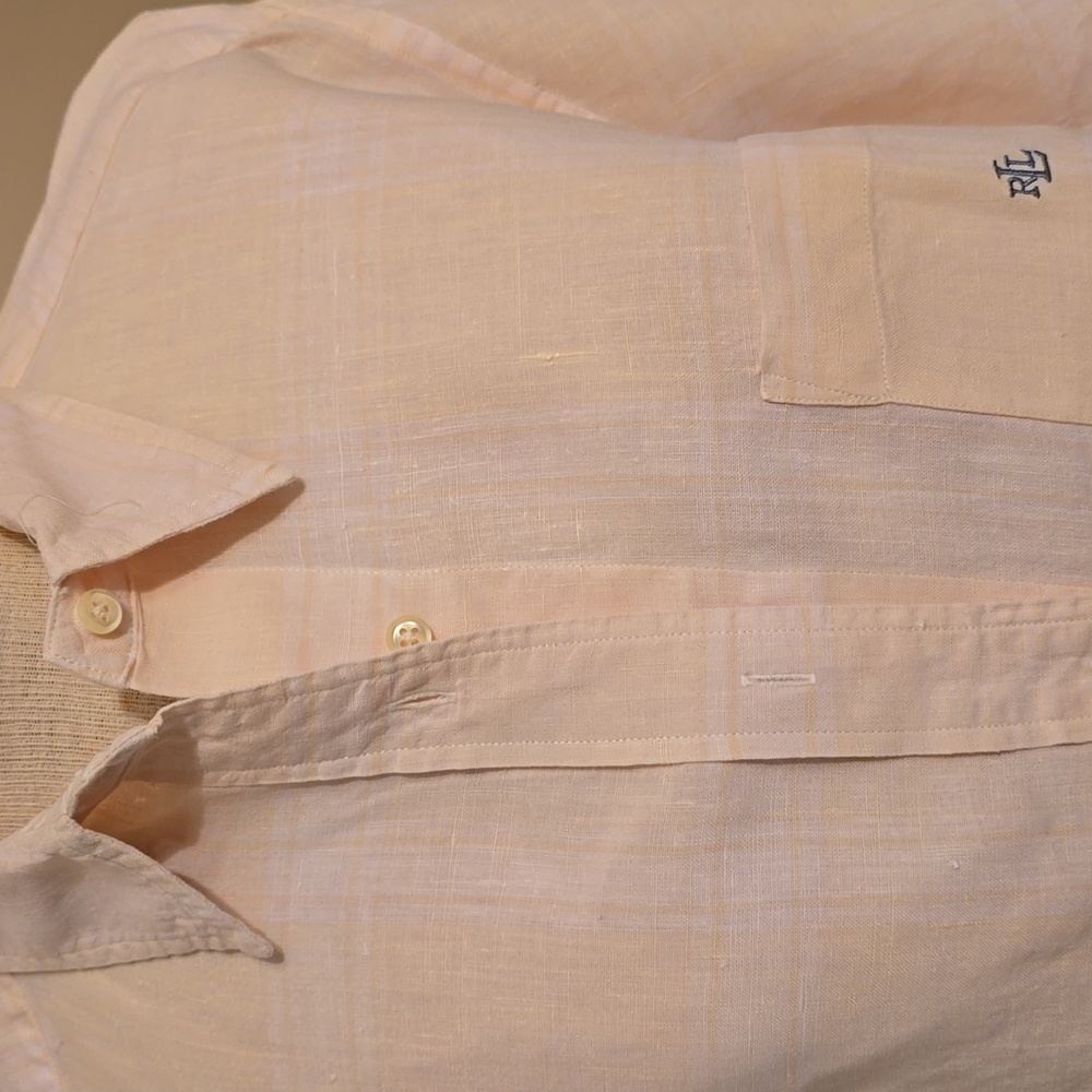 Ralph Lauren 100% Linen Button Down Long Sleeve Plaid Cream& Light Yellow Plaid!
